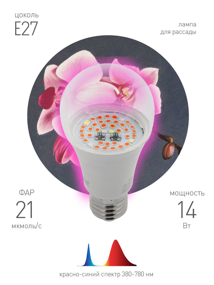 Фитолампа для растений светодиодная ЭРА E27 14W 1310K FITO-14W-RB-E27-K Б0039071