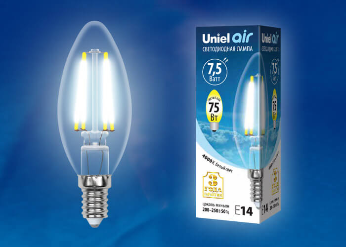 Лампа светодиодная филаментная (UL-00003296) Uniel E14 7,5W 4000K прозрачная LED-CW35-7,5W/NW/E14/CL GLA01TR