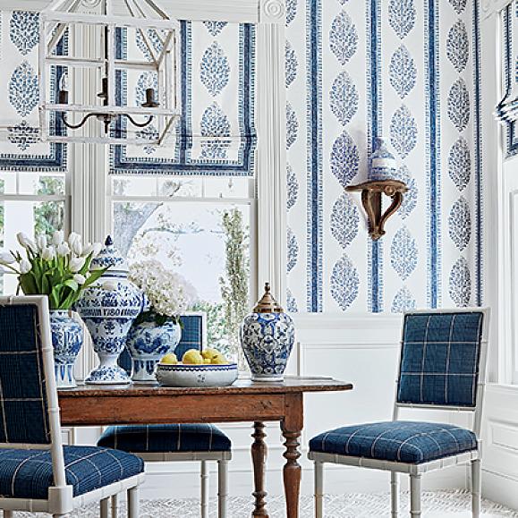 Обои Thibaut T10239 Chappana Blue and White