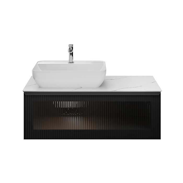 Kerama Marazzi Iconico Тумба подвесная 100 с рифленым стеклом, 1 ящик, столешница керамогранит Манифик вуд, цвет: черный