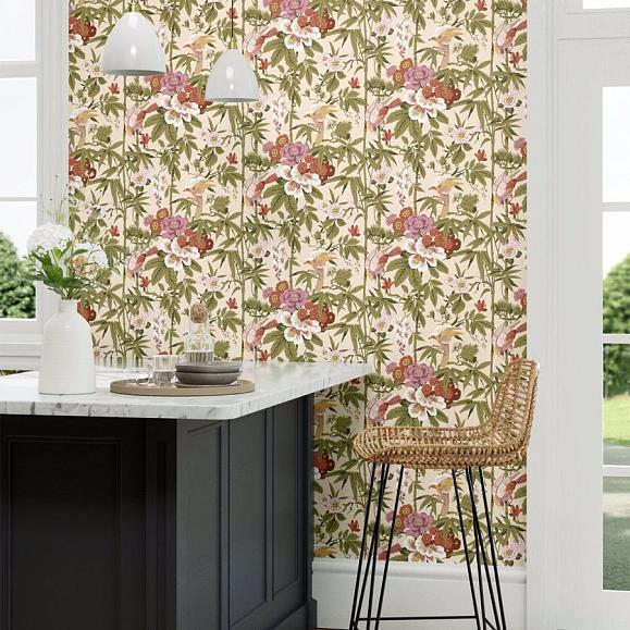 Обои Sanderson 217128 Bamboo & Birds Mandarin Red/Olive