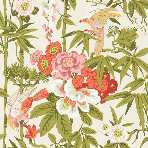 Обои Sanderson DWAW217128 Mandarin Red/Olive Bamboo & Birds