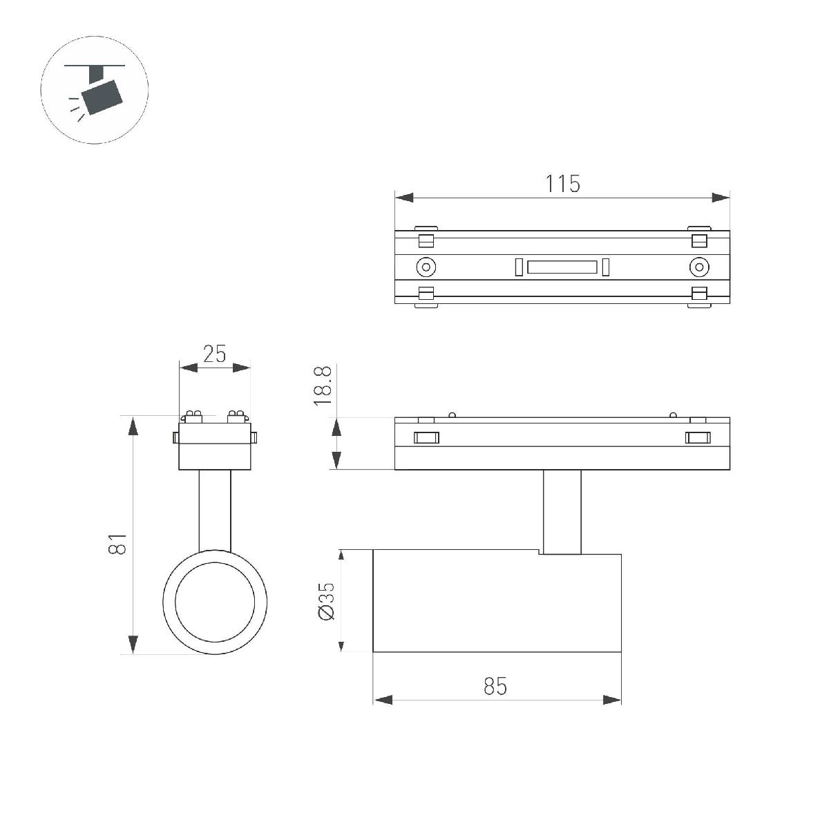 Трековый магнитный светильник Arlight MAG-VIBE-SPOT-R35-8W Day4000 (BK, 24 deg, 48V) 044461