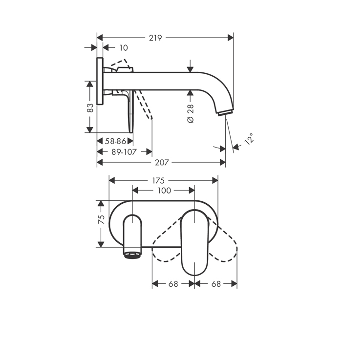 Hansgrohe Vernis Shap Смеситель для раковины, настенный, излив 204 мм, внешняя часть, цвет: хром
