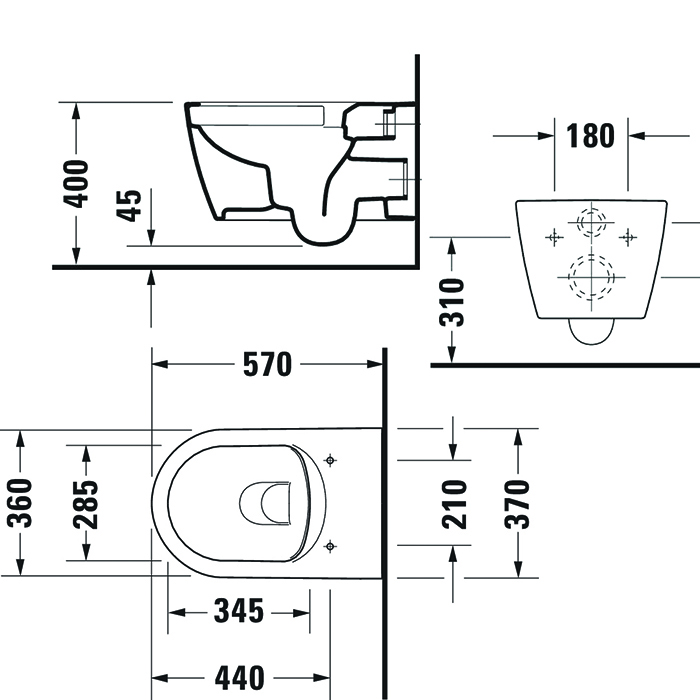 Duravit Me by Starck Унитаз подвесной Rimless 57х37см., с креплениями, цвет: белый