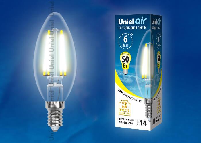 Лампа светодиодная филаментная Uniel E27 7W 3000K прозрачная LED-A60-7W/WW/E27/CL/MB GLM10TR