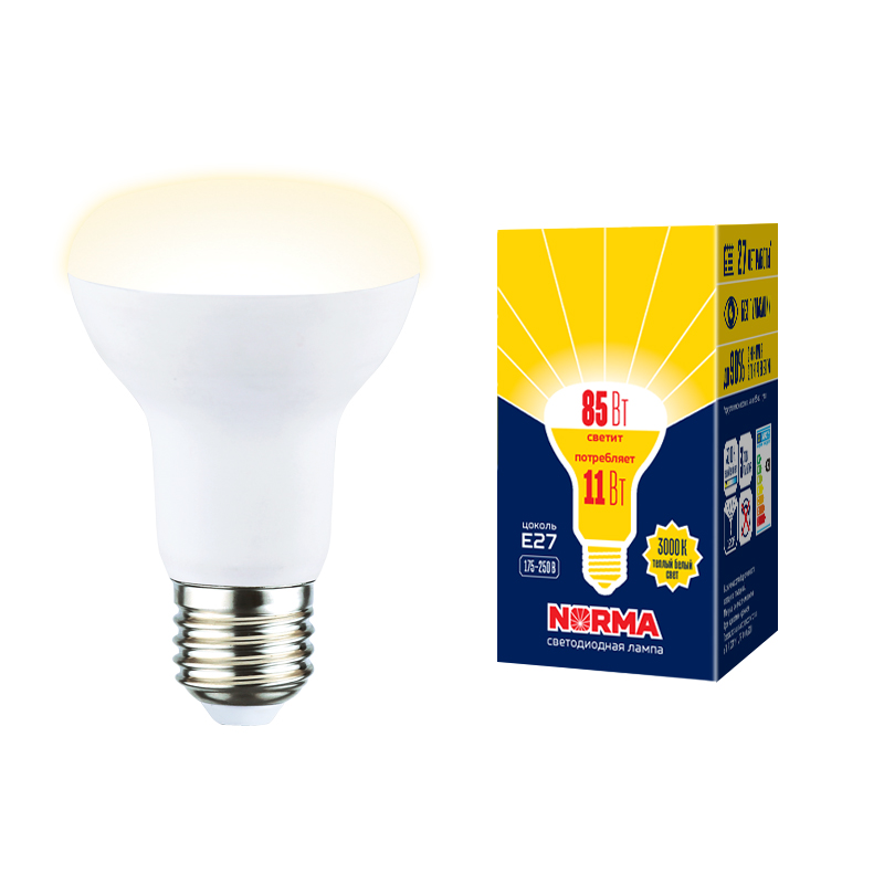 Лампа светодиодная Volpe Norma LED-R63-11W/3000K/E27/FR/NR картон UL-00005774