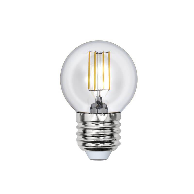 Лампа светодиодная филаментная (UL-00000196) Uniel E27 6W 3000K прозрачная LED-G45-6W/WW/E27/CL LED-G45-6W/WW/E27/CL PLS02WH