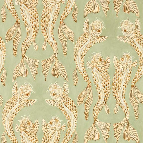 Обои Sanderson DWAW217114 Oriental Green/Honey Voyaging Koi
