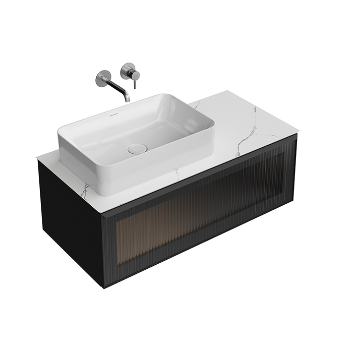 Kerama Marazzi Iconico Тумба подвесная 100 с рифленым стеклом, 1 ящик, столешница керамогранит Манифик вуд, цвет: черный