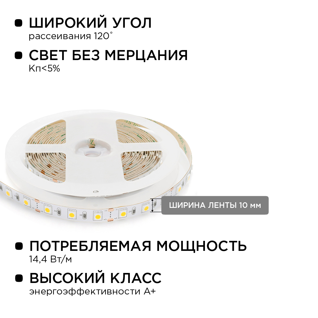 Комплект светодиодной ленты Apeyron 12В 144Вт/м smd 5050 60 д/м IP20 1м 3000К (блок, коннектор) 10-68