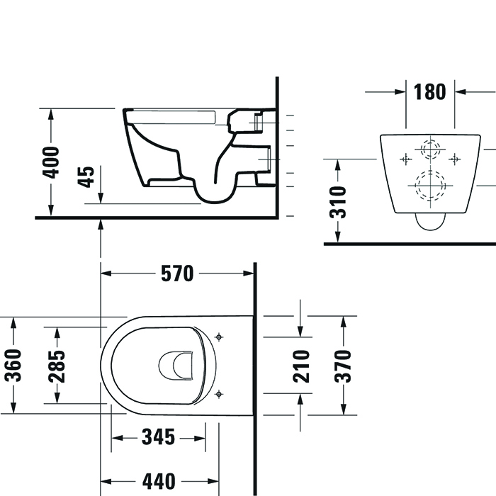 Duravit ME by Starck Унитаз подвесной Rimless без смывного края, свкл. крепление Durafix, 4,5л. с HygieneGlaze, 37х57см., цвет: белый