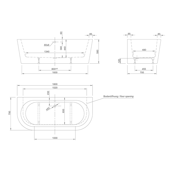 KNIEF Wall Ванна пристенная 180х80х60см, с щелевым переливом, цвет: белый