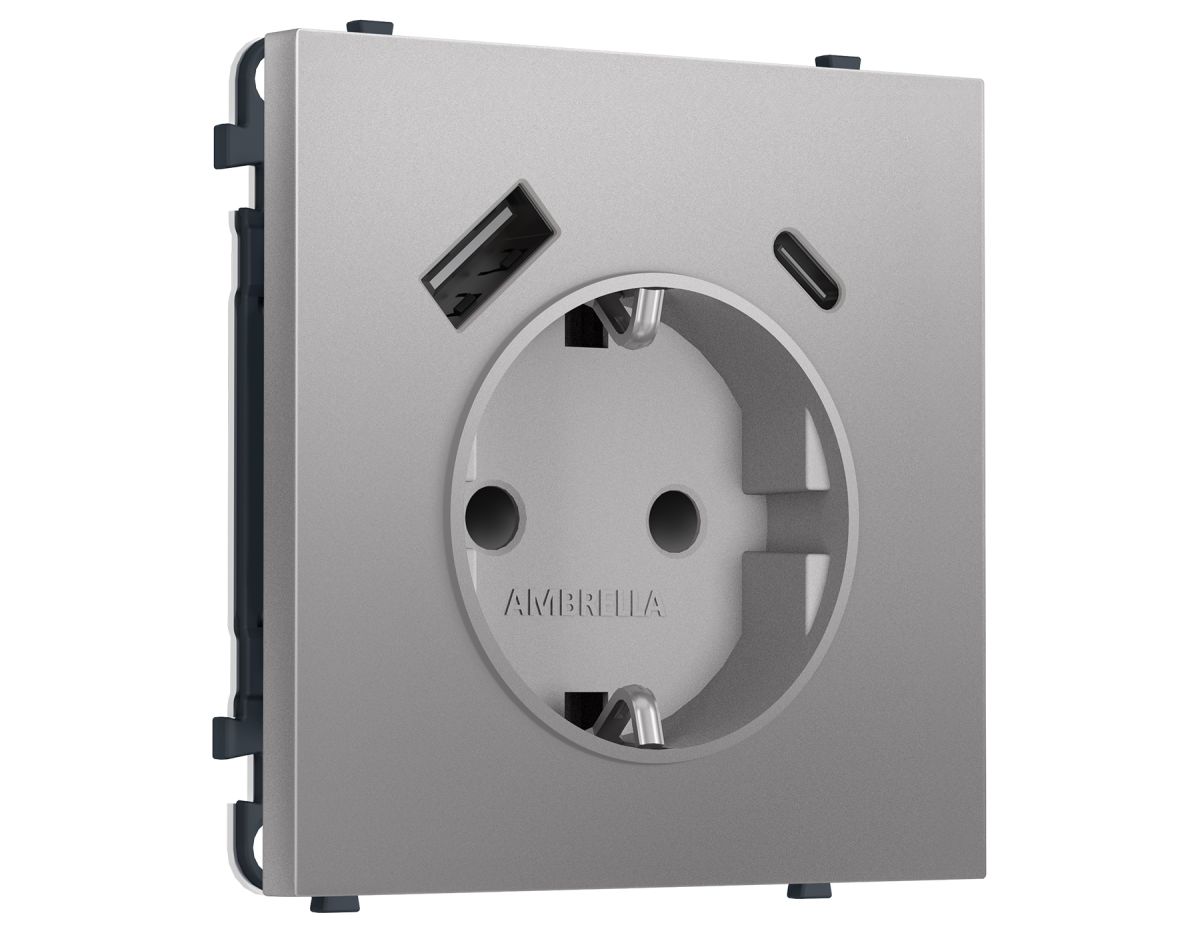 Комплект механизма электрической розетки SIGMA Сталь матовый 2USB A+C 20W Ambrella Volt MS510010 (SP5100, PR160)