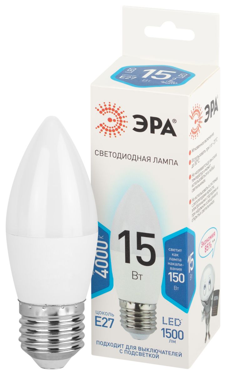 Лампа светодиодная Эра STD LED B35-15W-840-E27 4000K свеча Б0066818