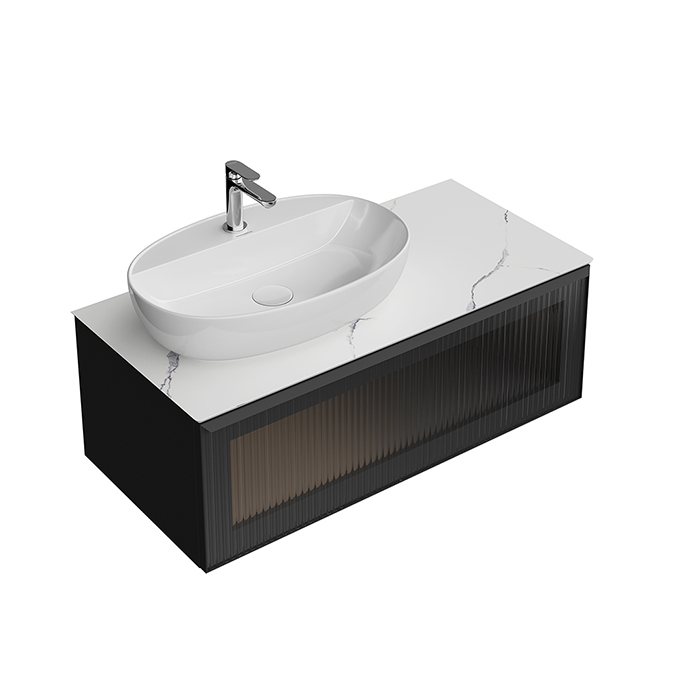 Kerama Marazzi Iconico Тумба подвесная 100 с рифленым стеклом, 1 ящик, столешница керамогранит Манифик вуд, цвет: черный