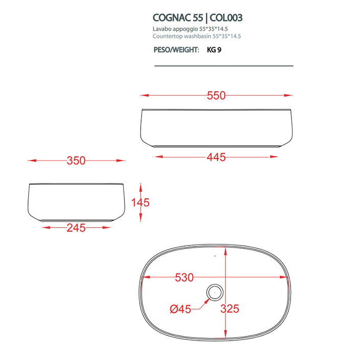 Artceram Cognac Раковина 55х35 см, без отв., накладная, цвет: nero roma