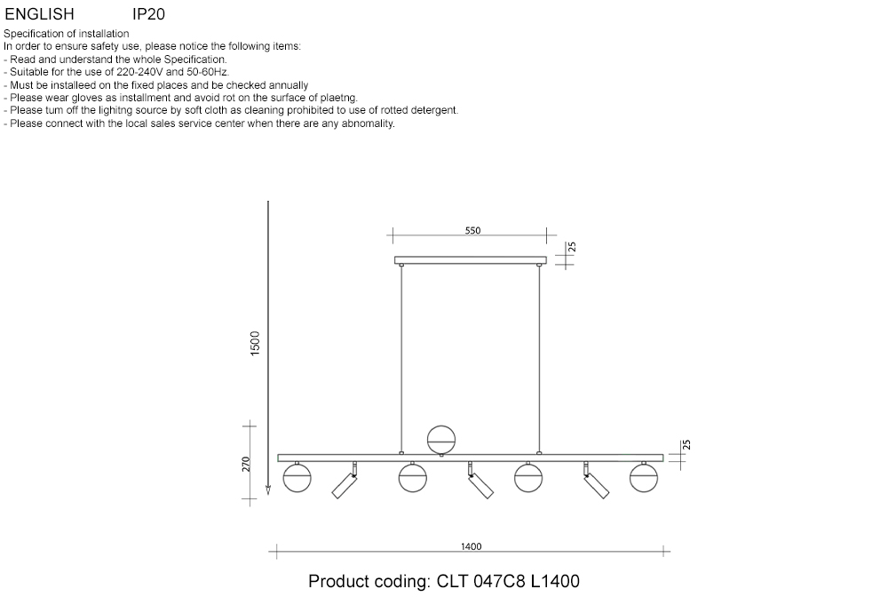 Подвесная люстра Crystal Lux CLT 047C8 L1400 BL-GO