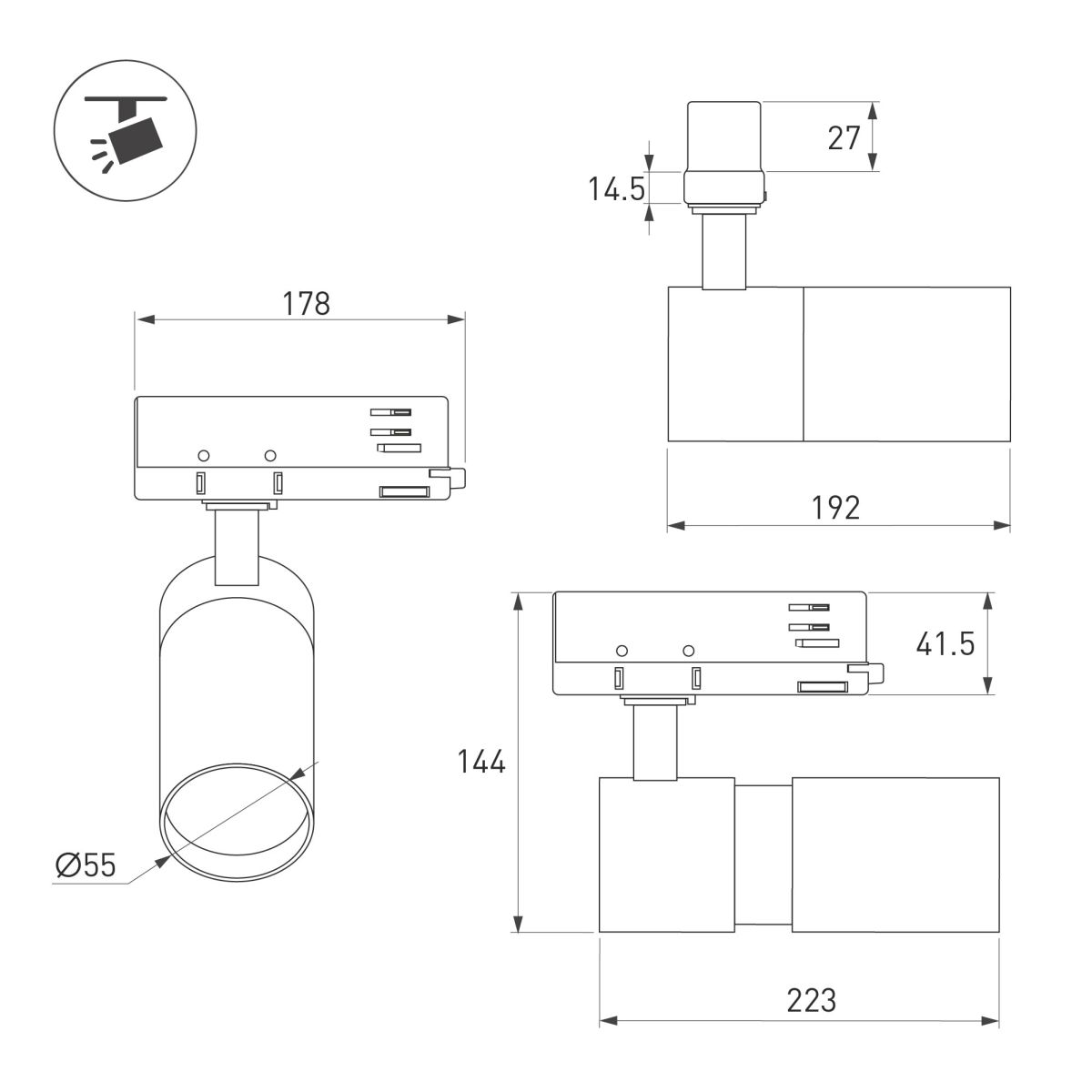 Трековый трехфазный светильник Arlight LGD-ARTEMIS-TRACK-4TR-R55-12W Warm2700 (WH, 8-80 deg, 230V, DALI) (IP20 Металл) 062277