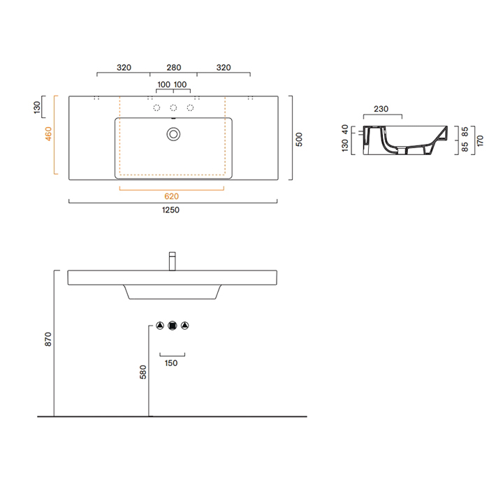 Catalano Zero Раковина 125x50см, без отв., цвет: белый глянцевый