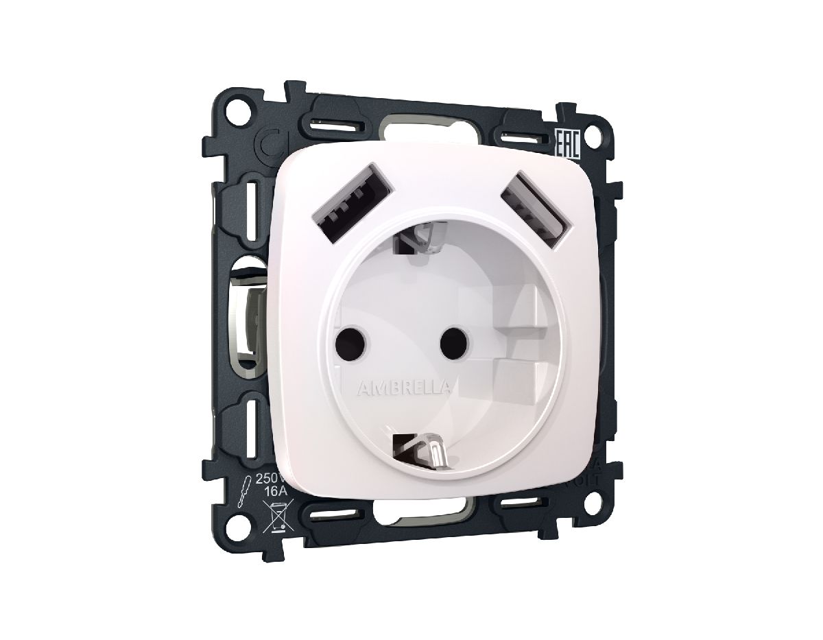 Комплект механизма розетки 2USB A+A 18W (быстрая зарядка) с/з Ambrella Volt Omega MO209010