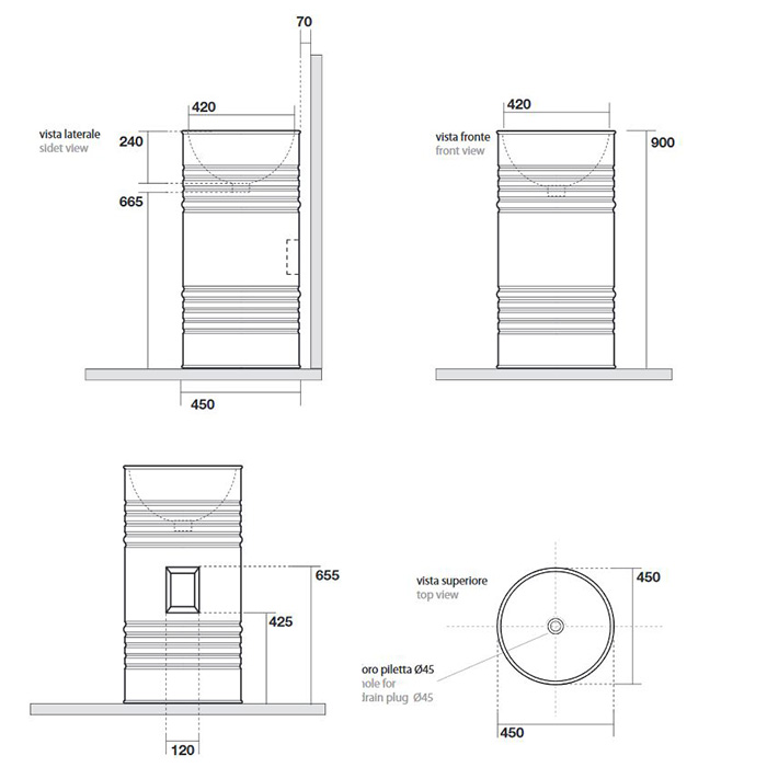 Kerasan Artwork Barrel Раковина 45x90 см, без отв., напольная, слив в стену, цвет: белый