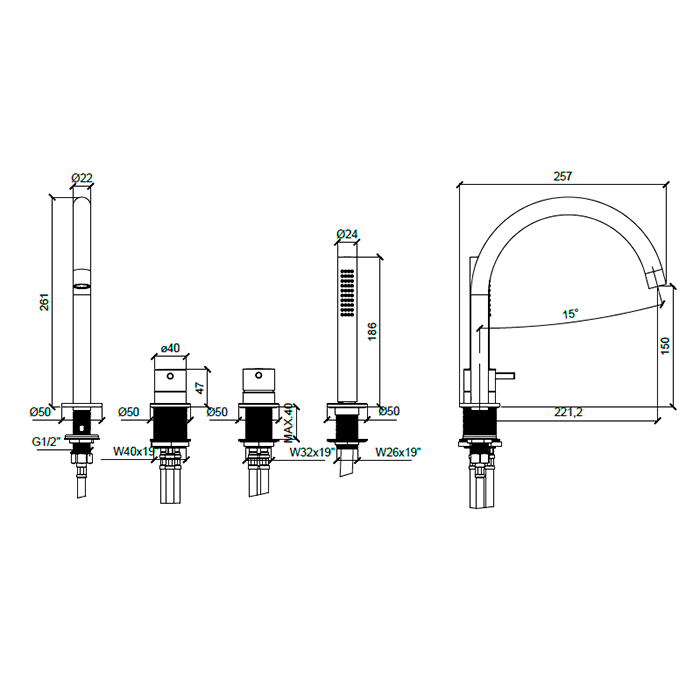 Almar Mixers Смеситель на борт ванны на 4 отверстия с ручной лейкой, цвет: Gun Metal Brushed PVD