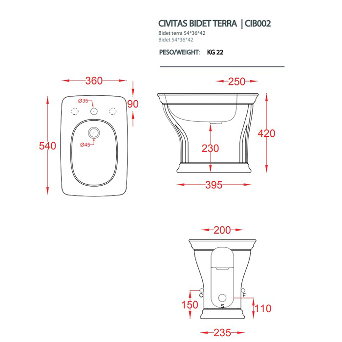 Artceram Civitas Биде напольное 36x54 cм, 1 отверстие, цвет: серый