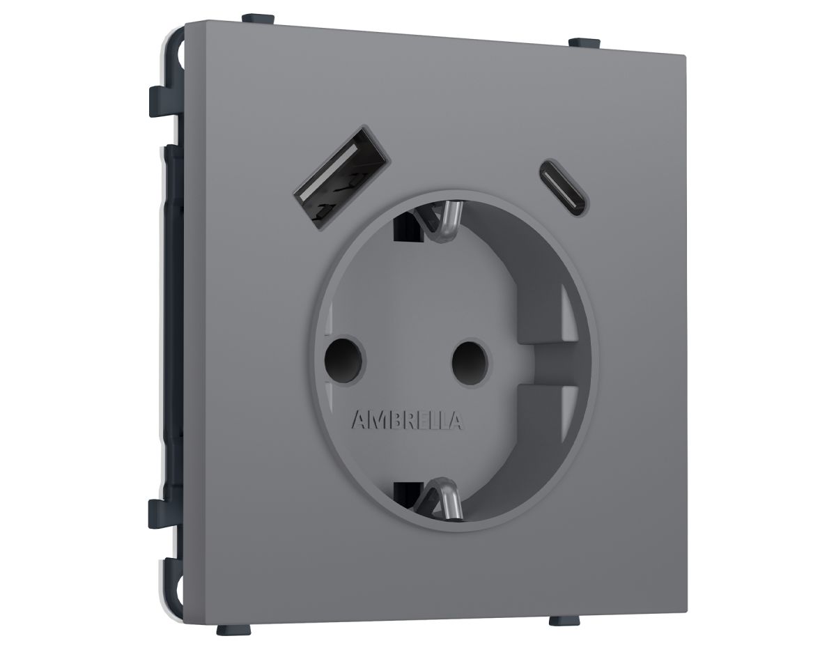 Комплект механизма электрической розетки SIGMA Платиново-серый Мягкое кас. 2USB A+C 20W Ambrella Volt MS870010 (SP8700, PR160)