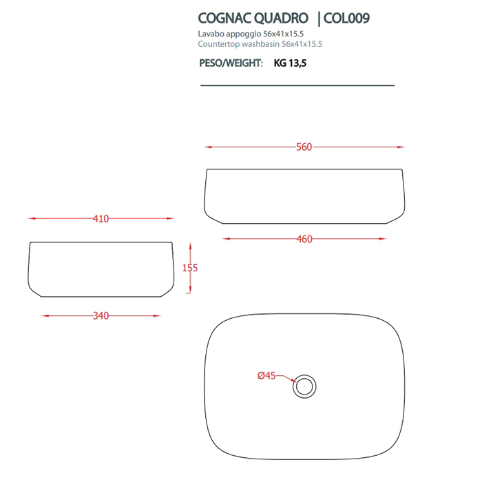 Artceram Cognac Раковина накладная Quadro 56x41 см, saniglaze, цвет: белый глянцевый