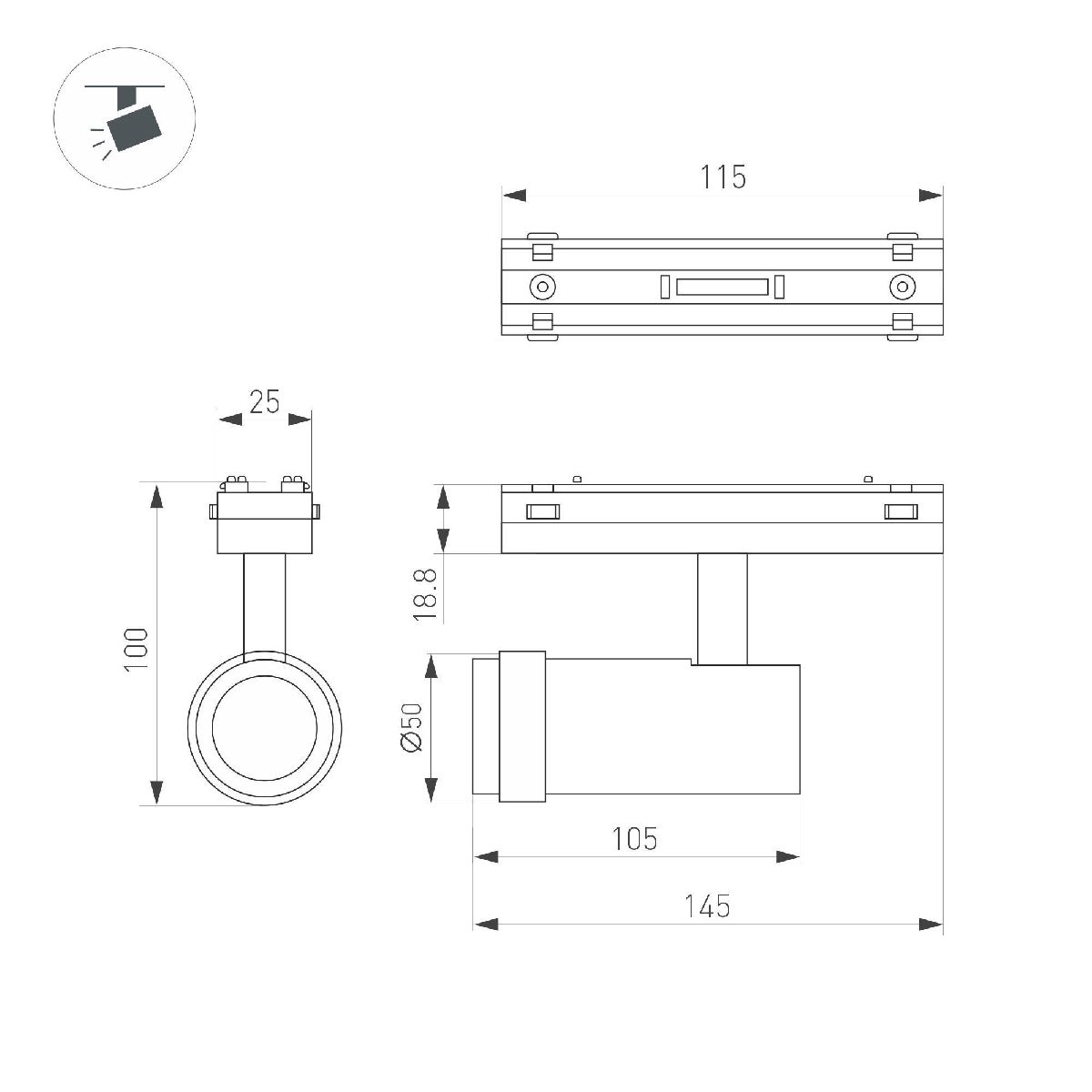 Трековый магнитный светильник Arlight MAG-VIBE-SPOT-ZOOM-R47-10W Warm3000 (BK, 20-55 deg, 48V) 044483