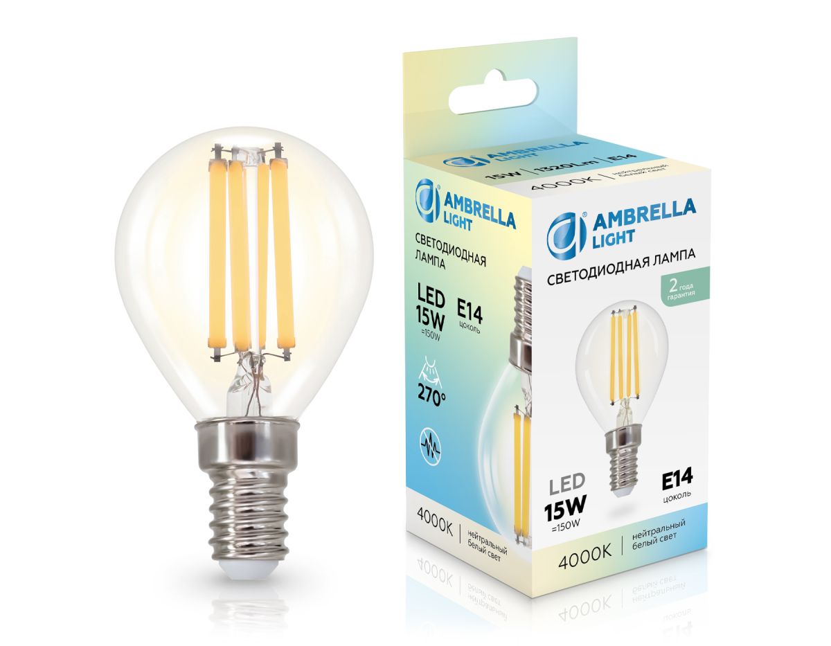 Филаментная светодиодная лампа Ambrella Light Bulbing E14 15W 4000K шар 451534