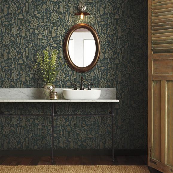 Обои York RP7373 Menagerie Toile Emerald & Metallic Gold