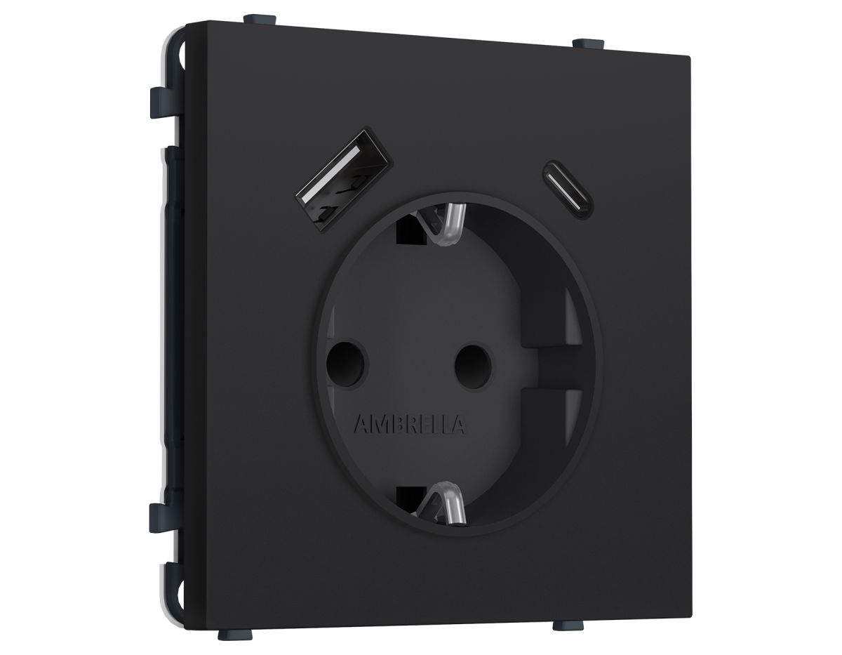 Комплект механизма электрической розетки SIGMA Черный Мягкое касание 2USB A+C 20W Ambrella Volt MS990010 (SP9900, PR160)