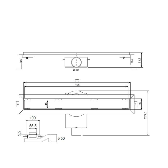 Plumberia Selection Трап душевой PS IN-TILE 6x70 2устор. накладка из нерж.стали, комбинир.затвор с горизонт. Выпуском Ду 50мм,40л/мин, цвет: нержавеющая сталь