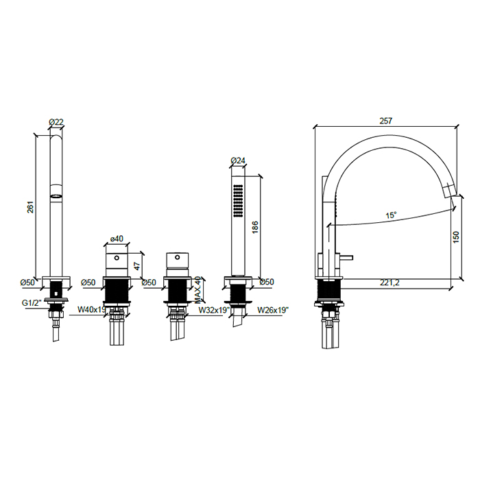 Almar Mixers Смеситель на борт ванны, на 4 отв., с ручной лейкой, цвет: хром