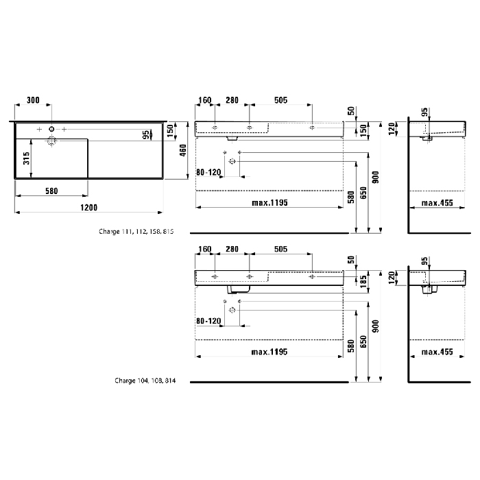 Laufen Kartell Раковина 120х46х12cм., с 3 отв., полка справа, цвет: белый