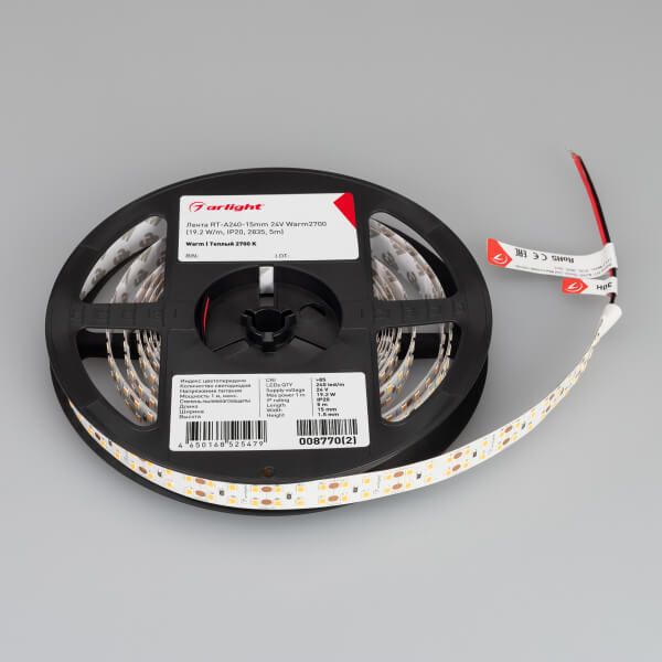 Светодиодная лента Arlight RT-A240-15mm 24V Warm2700 (19.2 W/m, IP20, 2835, 5m) 008770(2)