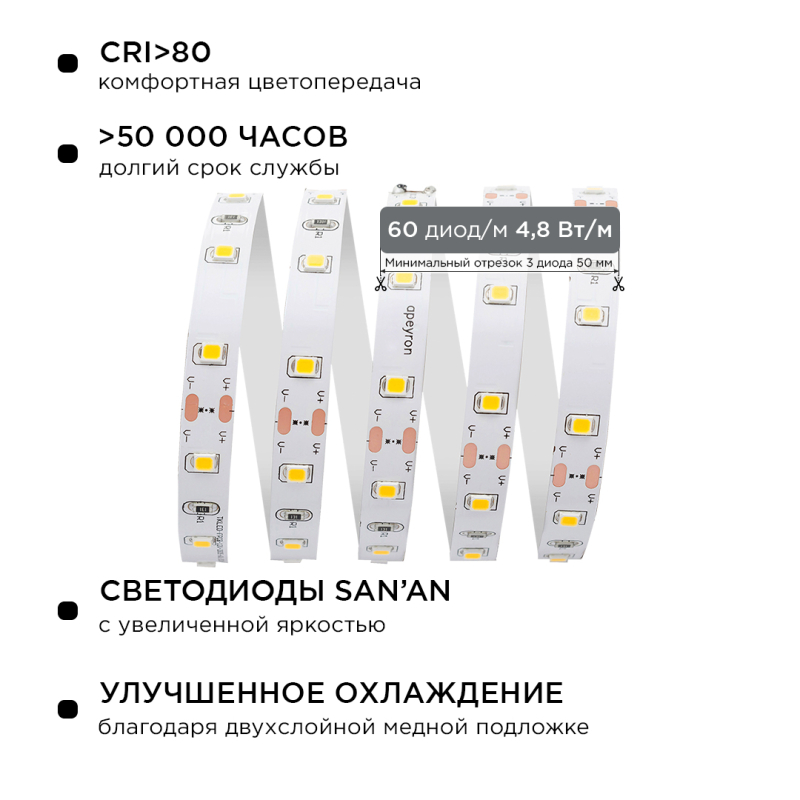 Комплект светодиодной ленты Apeyron 12В 48Вт/м smd 3528 60 д/м IP20 1м 3000К (блок, коннектор) 10-66