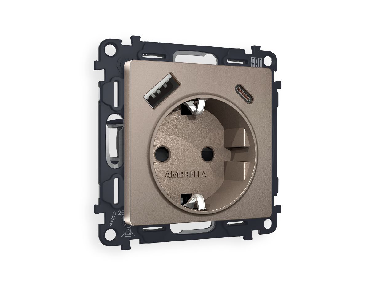 Комплект механизма розетки 2USB A+C 20W (быстрая зарядка) с/з Ambrella Volt Alfa MA640010
