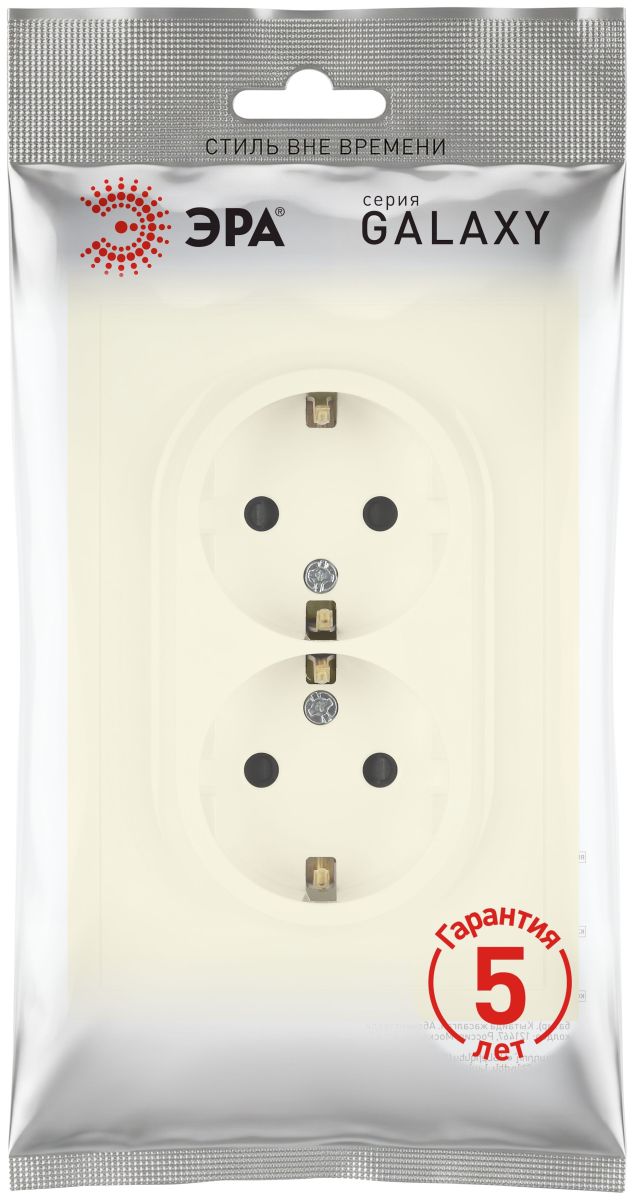 Розетка Эра Galaxy 15-2104-02 с заземлением двойная 2X2P+E Schuko 16А-250В IP20 слоновая кость Б0070679