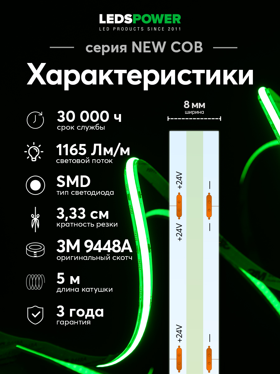 Светодиодная лента LEDS POWER NEW COB 256/м (11Вт/м) 24В зеленая 006376