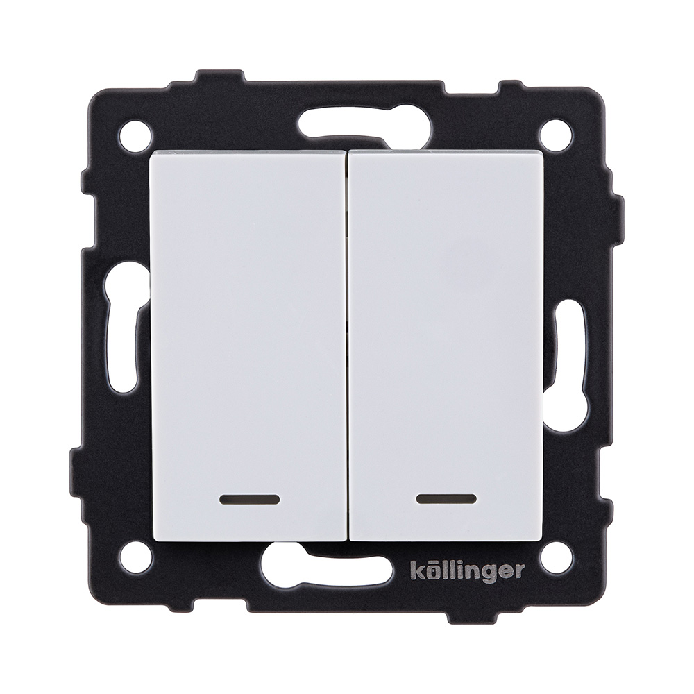 Выключатель кнопочный 2-клавишный 10А/250В с LED подсветкой, белый Kollinger REA-S-014WH для Aspekt, Eleganz, Reflex