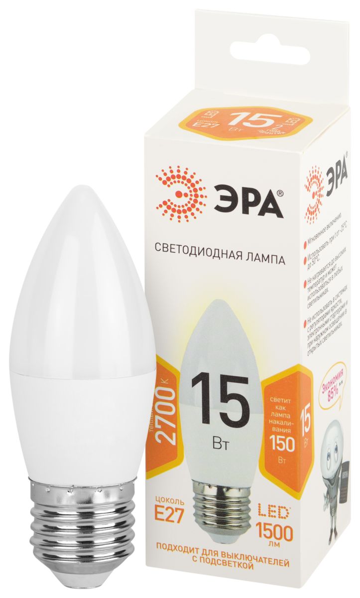 Лампа светодиодная Эра STD LED B35-15W-827-E27 2700K свеча Б0066809
