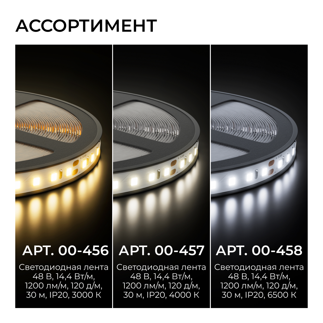 Светодиодная лента Apeyron 48В 14,4Вт/м SMD2835 120 д/м 1200 лм/м 6500K CRI90+ IP20, 30м 00-458