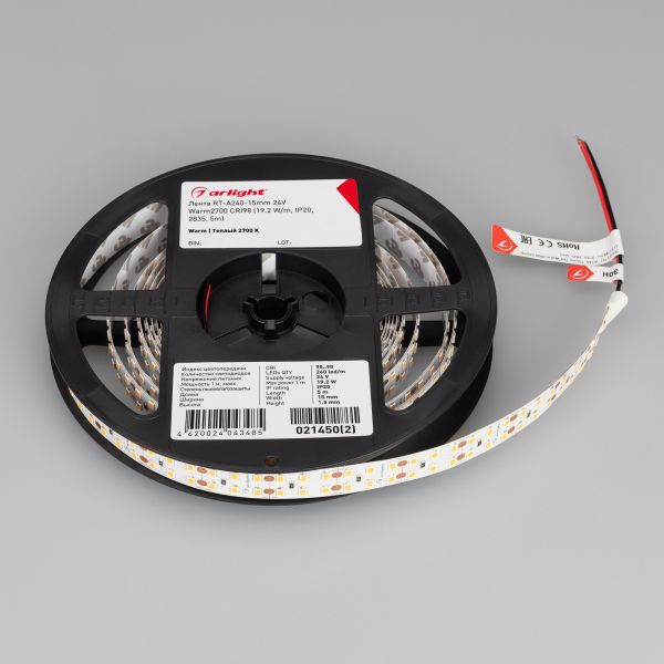 Светодиодная лента Arlight RT-A240-15mm 24V Warm2700 CRI98 (19.2 W/m, IP20, 2835, 5m) 021450(2)