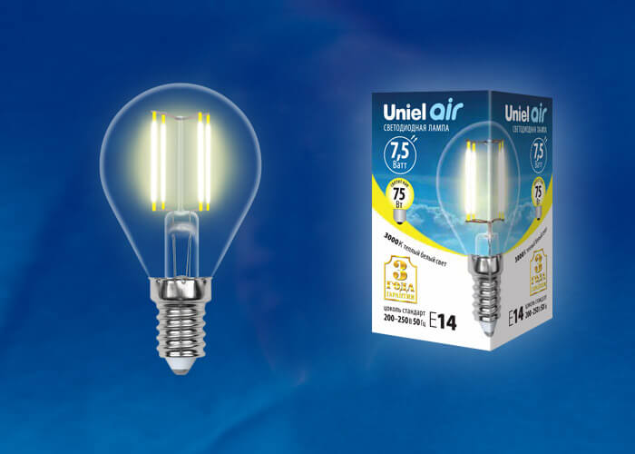 Лампа светодиодная филаментная (UL-00003250) Uniel E14 7,5W 3000K прозрачная LED-G45-7,5W/WW/E14/CL GLA01TR