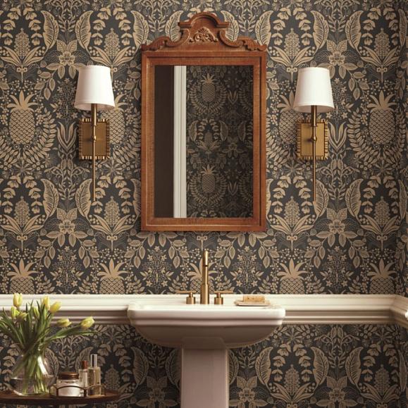 Обои York RF7483 Pineapple Damask Black & Gold