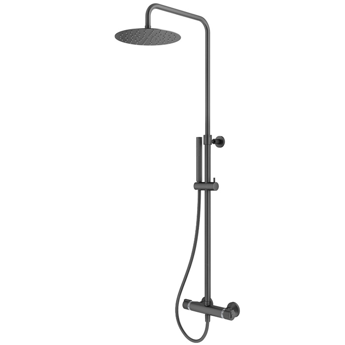 Plumberia Selection IXO Душевая стойка с верхним душем 25см, термостатическим смесителем, ручным душем и шлангом 150см, цвет: графит