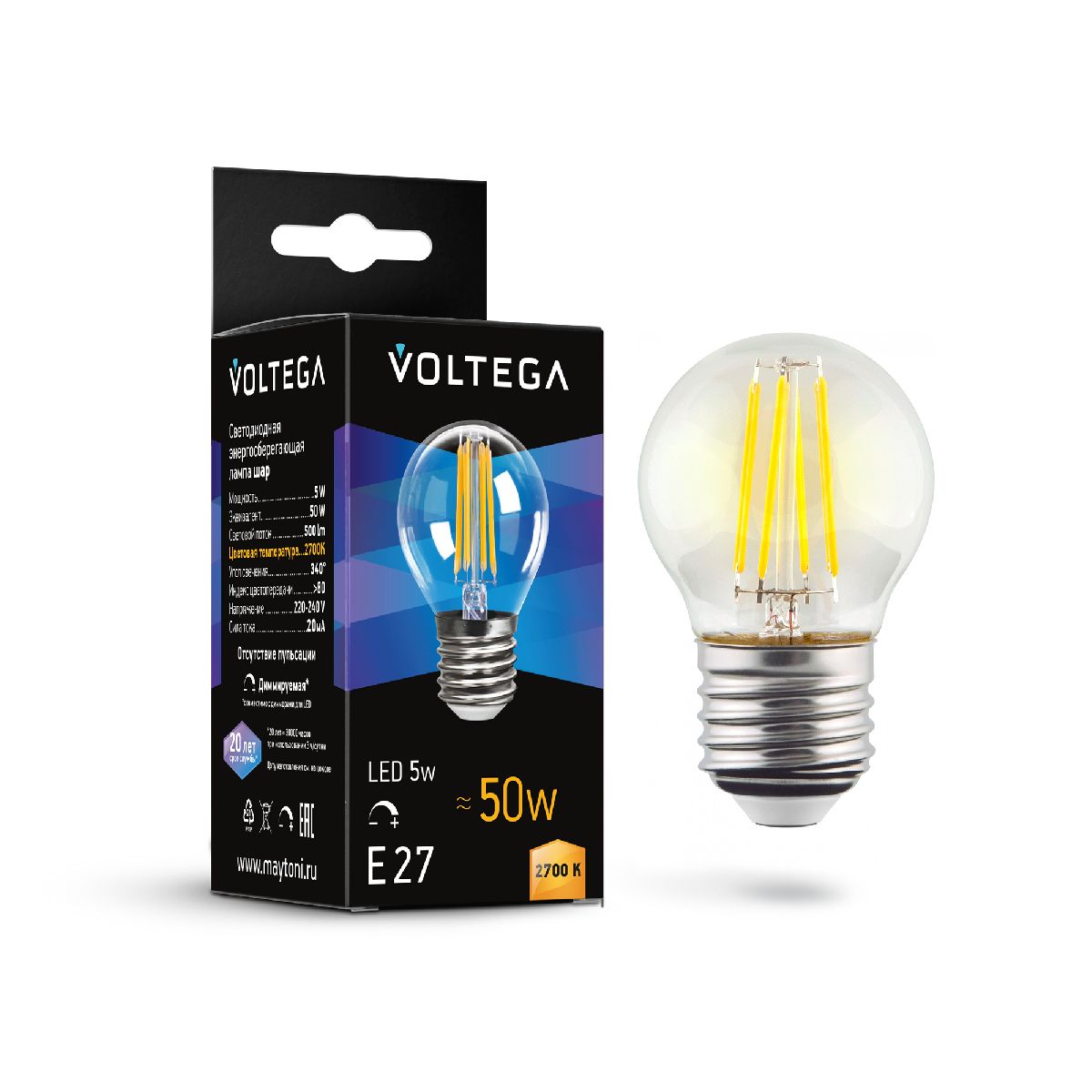 Лампа светодиодная филаментная Voltega E27 5W 2700K шар прозрачный 7201